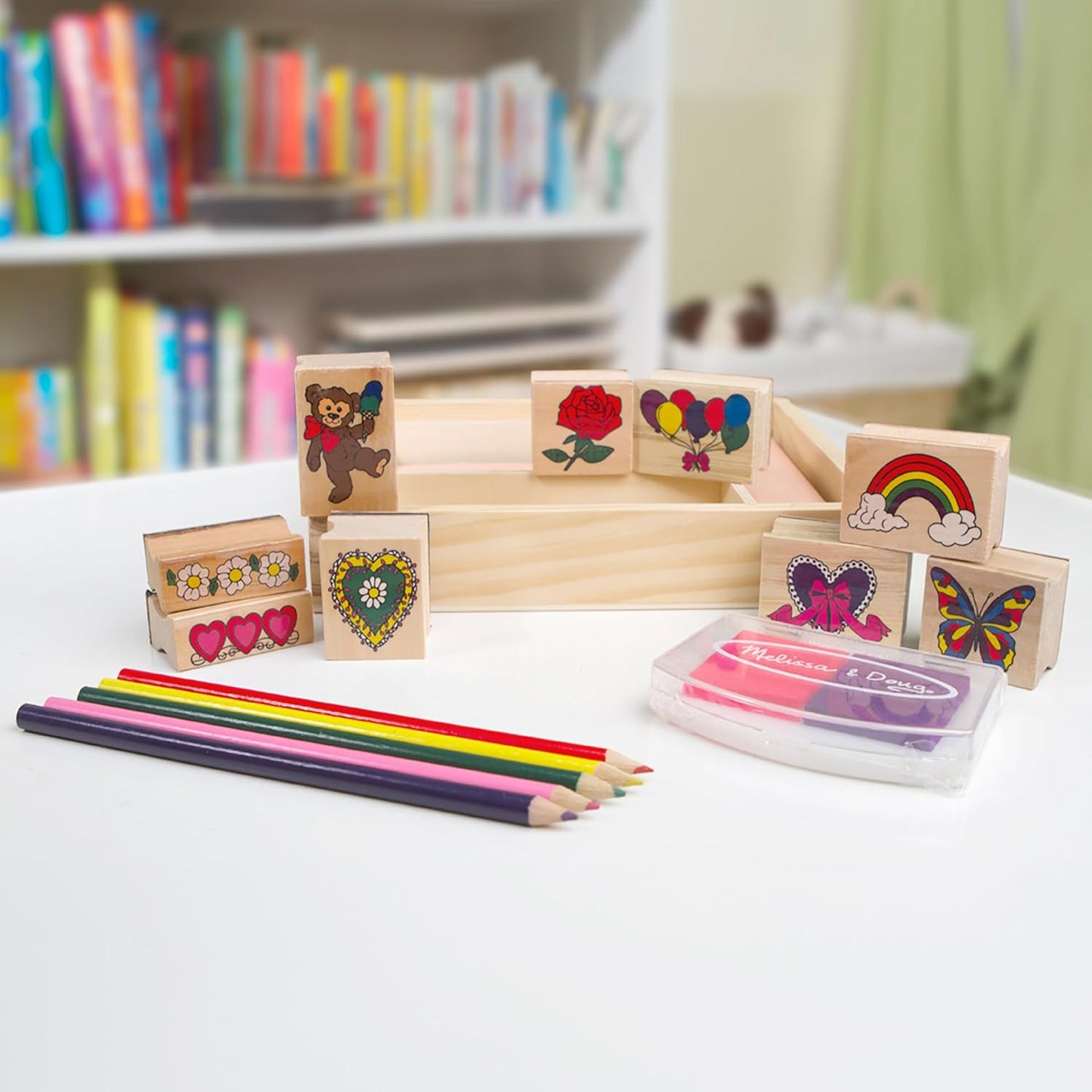 Melissa & Doug Selos de madeira Friendship para crianças, conjuntos de colorir para crianças de 4 anos, selos para crianças, kits de artesanato para crianças, impressão e estampagem infantil, conjunto de arte infantil
