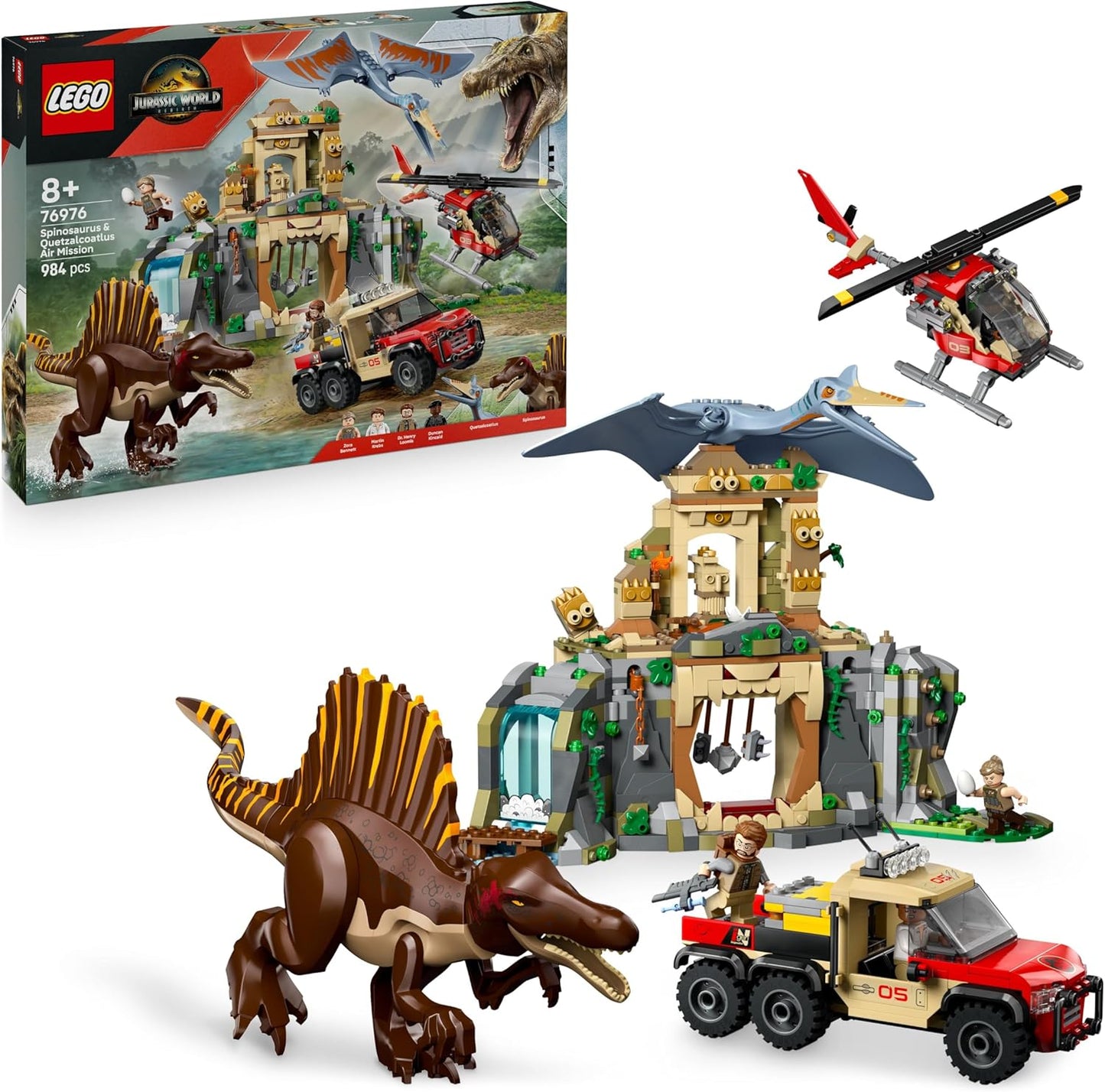 LEGO Jurassic World Spinosaurus e Quetzalcoatlus Missão Aérea - Inclui 2 figuras de dinossauros, caminhão e helicóptero de brinquedo, além de 4 minifiguras - Presente de dinossauros para meninos e meninas a partir de 8 anos - 76976
