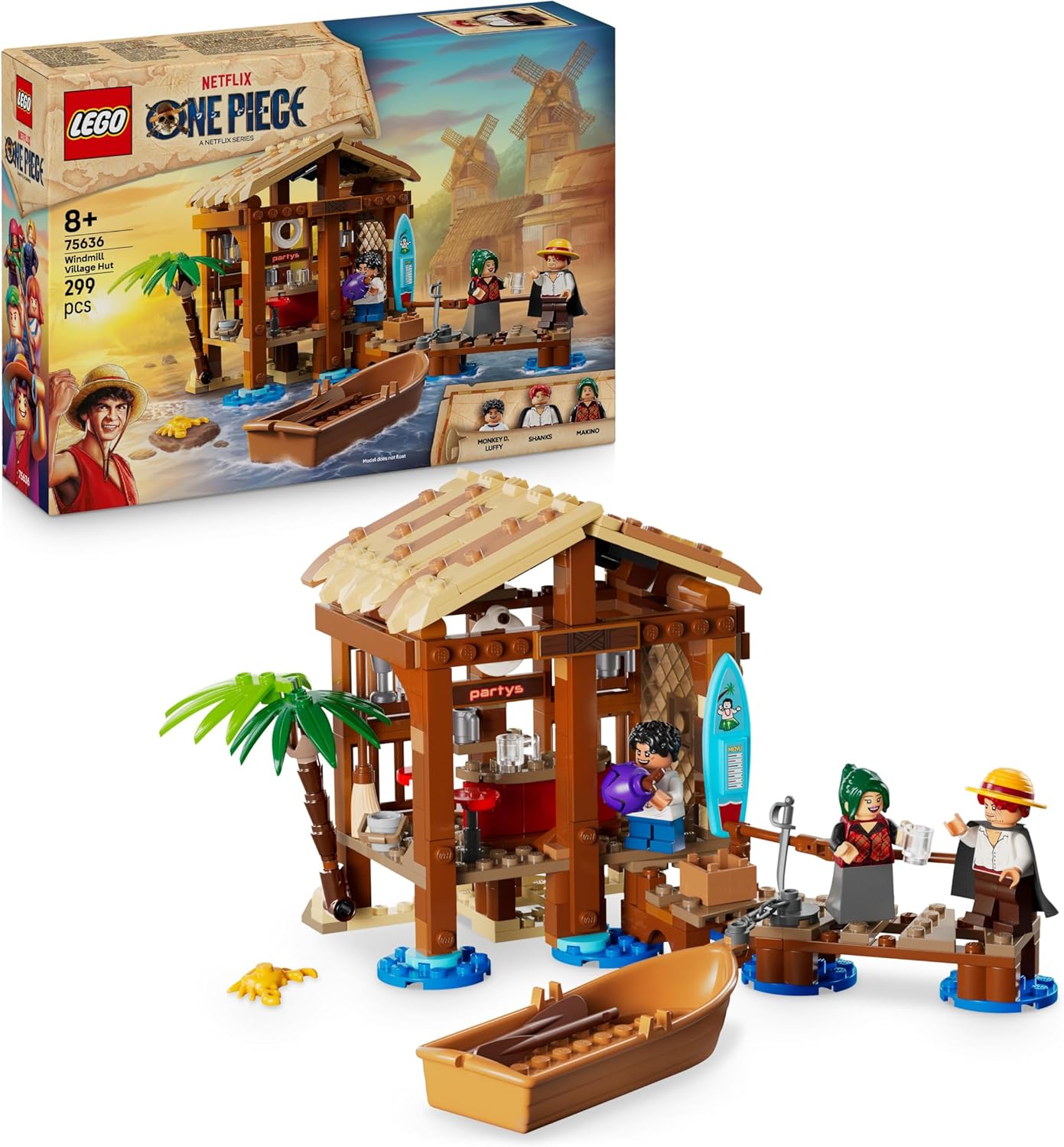 LEGO ONE PIECE Cabana da Vila do Moinho de Vento com Barco, Minifiguras do Jovem Luffy, Shanks e Makino, além de Acessórios, incluindo um Cartaz de Procurado - Presente de Anime para Meninos, Meninas e Fãs a partir de 8 Anos - 75636