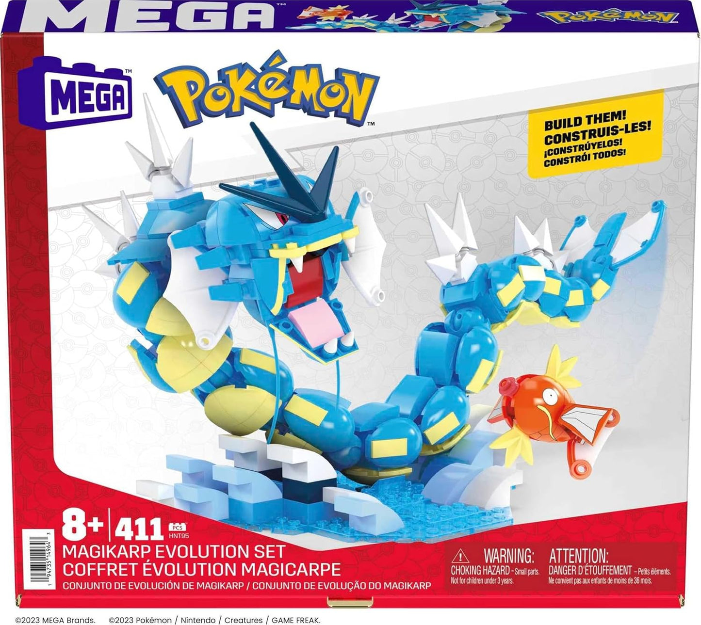 MEGA Conjunto de brinquedos de construção de bonecos de ação Pokémon para crianças, conjunto de evolução Magikarp com 411 peças, Gyarados montável e articulável, 20 polegadas, HNT95