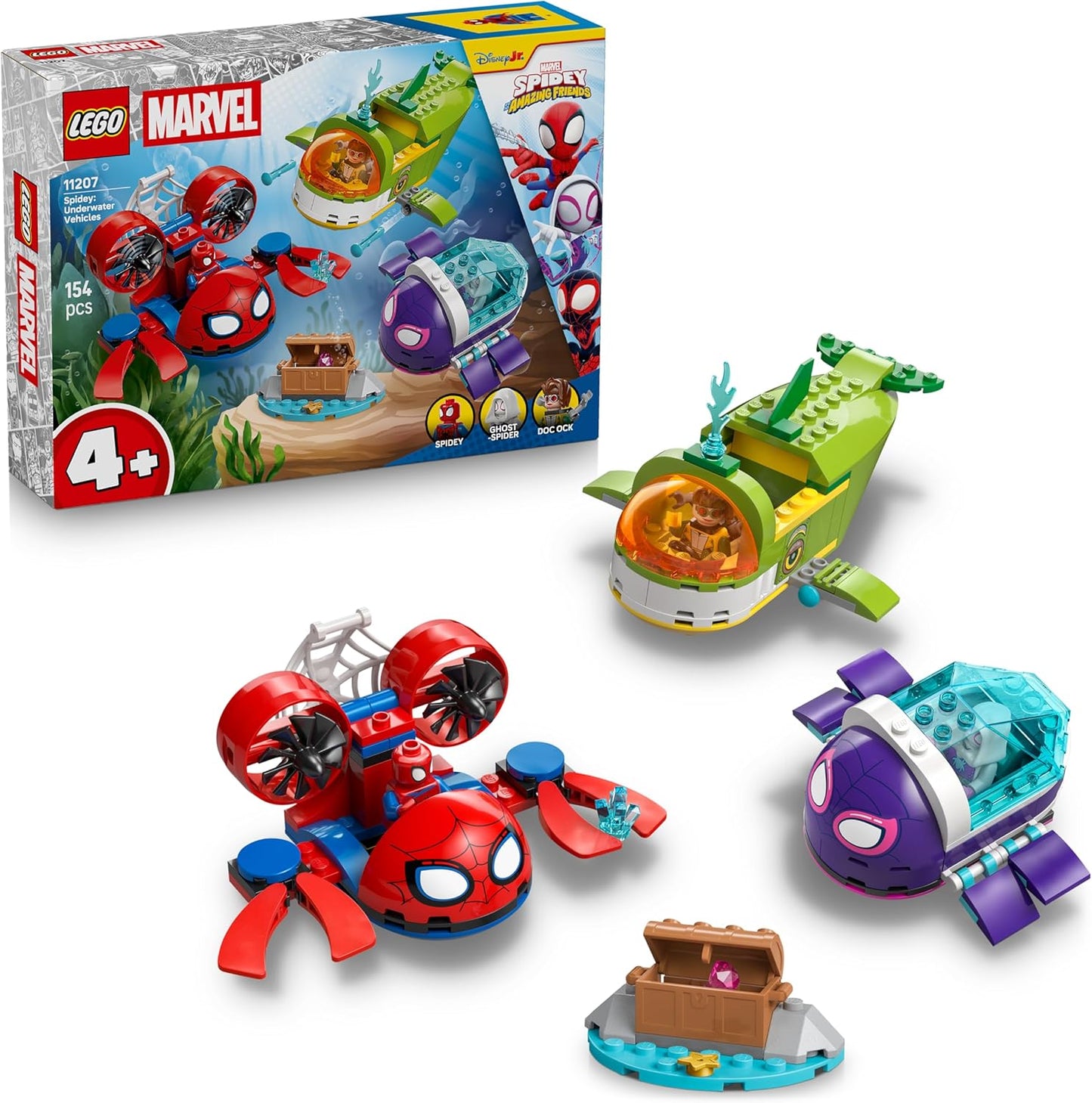 LEGO ǀ Marvel Homem-Aranha: Veículos Subaquáticos - Brinquedo de Super-Herói com 3 Submarinos e 3 Minifiguras - Presente para Meninos a partir de 4 Anos e Fãs do Desenho do Homem-Aranha e Seus Amigos Incríveis - 11207