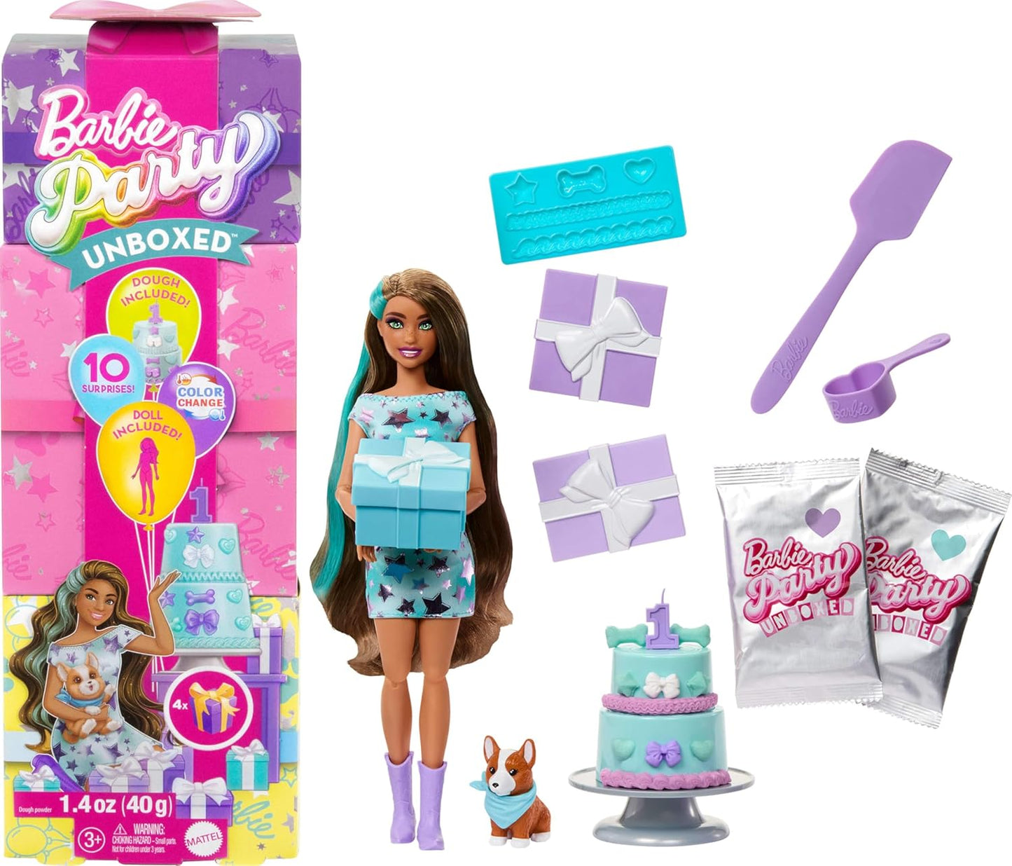 Barbie Party Unboxed Boneca e Acessórios, Azul - Estrelas, Série de Aniversário de Animais de Estimação Estrelas, Corações, Laços, Conjunto com 10 Surpresas, Incluindo Mudança de Cor e Atividade de Decoração de Bolo