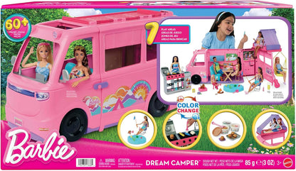 Barbie Conjunto de brinquedos Dream Camper com barraca de teto, cadeira de balanço, lago para pescar, churrasqueira com função de mudança de cor e mais de 60 acessórios, incluindo massinha de modelar, HRJ78