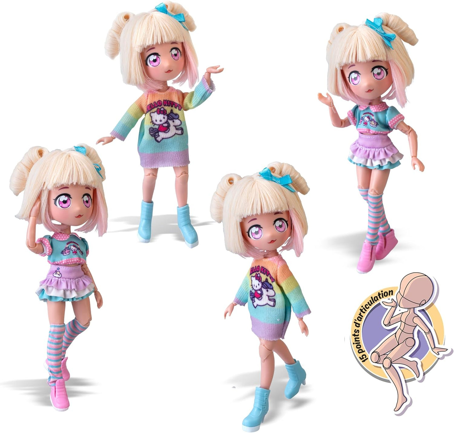 Hello Kitty 4SF Famosa Manga Fashion Unicorns, Boneca Fashion Japonesa, Figura de 19,5 cm com 15 Pontos de Articulação, Inclui Saia Ra-Ra, Polainas e Tiara com Orelhas, (HKTF2000)