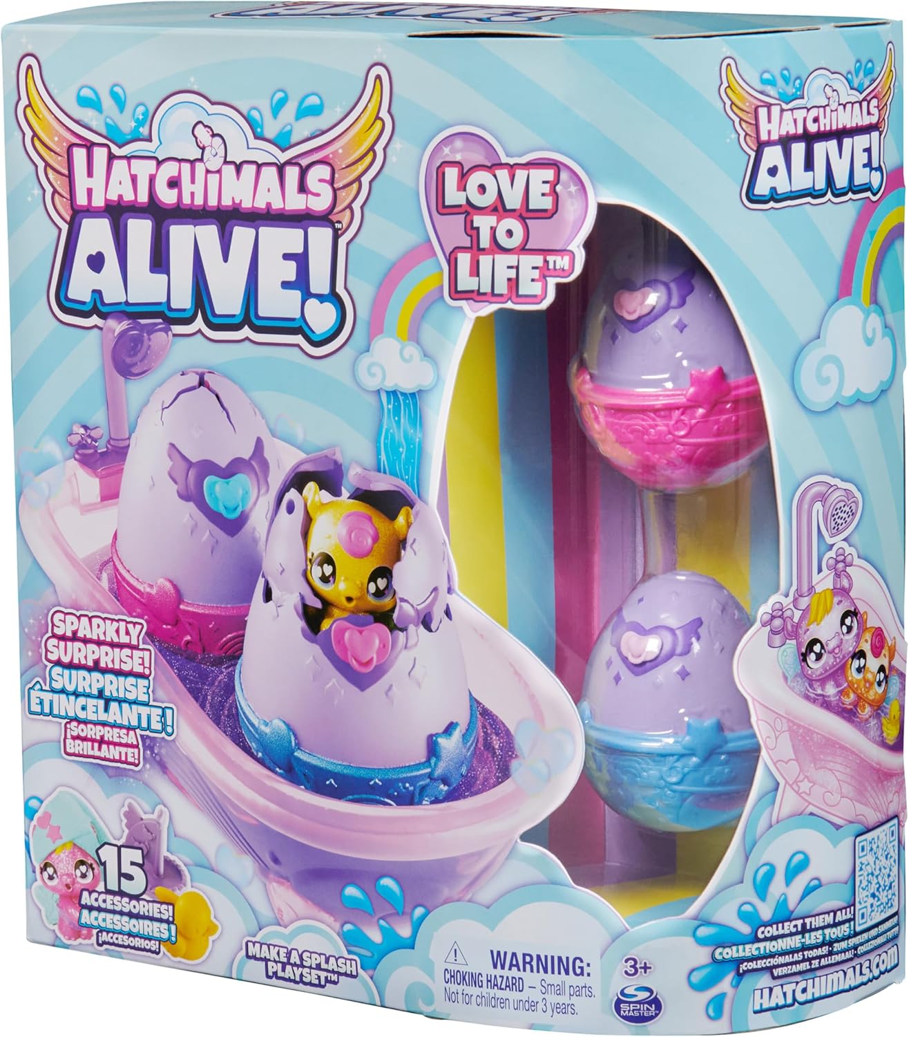 HATCHIMALS Alive, Make a Splash Playset com 15 acessórios, banheira, 2 mini figuras que mudam de cor em ovos que se chocam sozinhos, brinquedos infantis para meninas e meninos