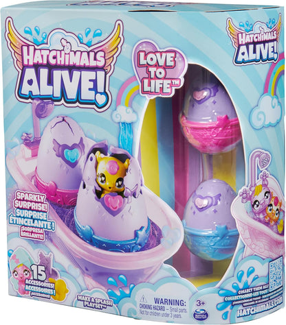 HATCHIMALS Alive, Make a Splash Playset com 15 acessórios, banheira, 2 mini figuras que mudam de cor em ovos que se chocam sozinhos, brinquedos infantis para meninas e meninos