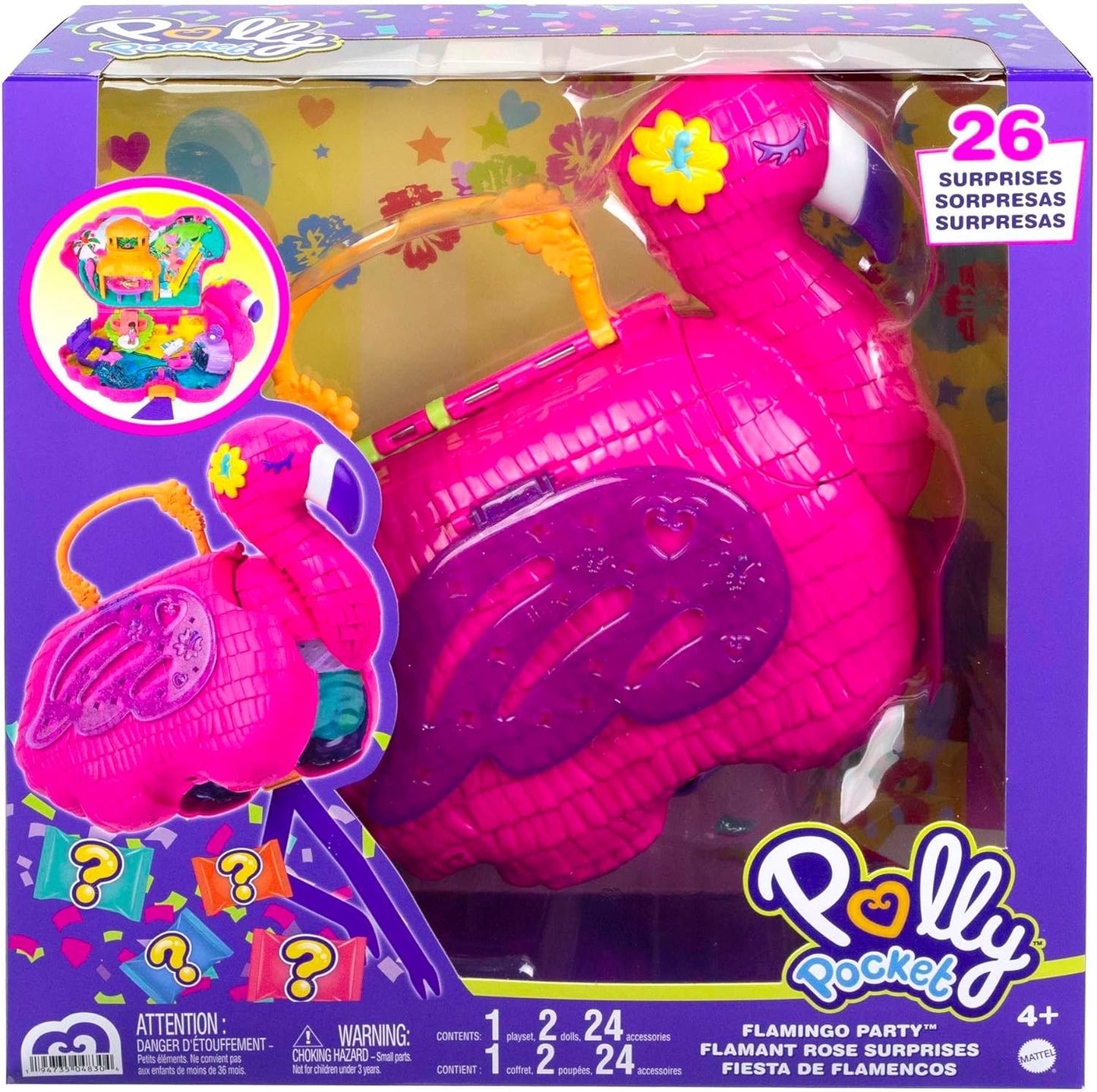 Polly Pocket Flamingo Party Large Compact, 26 surpresas (incluindo bonecas Margot e Friend), recurso Pop & Swap, 4 ou mais