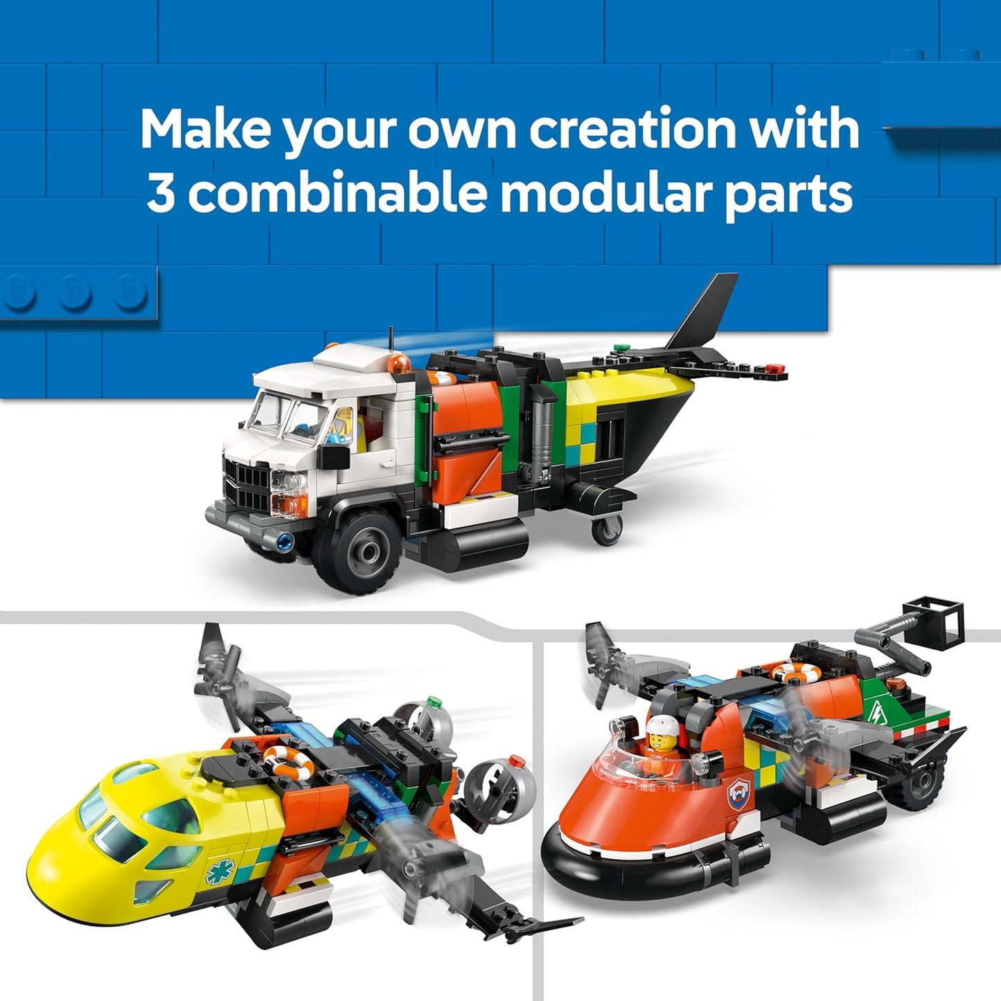 LEGO City 3 em 1: Avião, Caminhão de Serviço e Aerobarco - Kit de Veículos para Montar e Combinar com 3 Minifiguras - Ideia de Presente de Aniversário STEM para Meninos a partir de 7 Anos - 60505