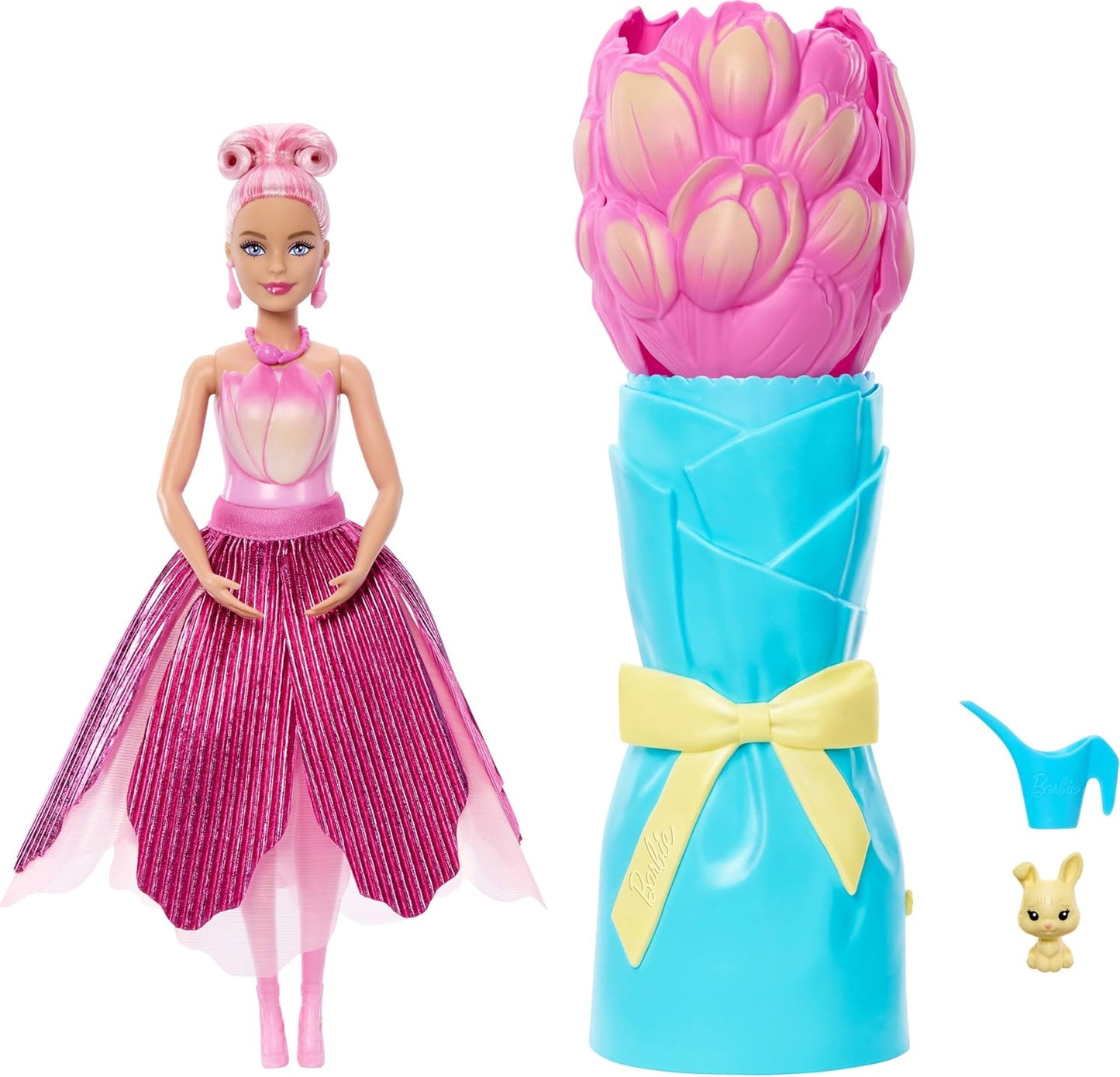 Barbie Petal Pop com aroma de boneca, vestido rosa de tulipa e acessórios, buquê revelado com coelhinho de estimação e surpresas como regador, colar e brincos, JMF57