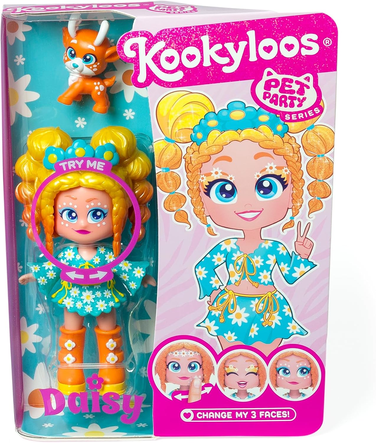 KOOKYLOOS Pet Party DAISY - Boneca margarida com animal de estimação veado. Inclui boneca Daisy, 1 animal de estimação, roupa e sapatos da moda e 1 acessório. 1 boneca, 3 rostos diferentes!