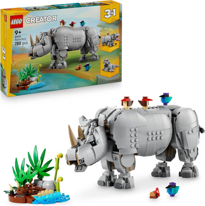 LEGO Creator 3 em 1 Animais Selvagens: Rinoceronte Majestoso com Pássaros - Figura de Animal que se Transforma em um Modelo de Hipopótamo ou uma Morsa - Presente Criativo para Meninas e Meninos a partir de 9 Anos - 31171