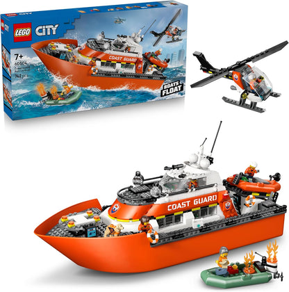 LEGO City Coast Guard Rescue Boat & Helicopter Toy - Emergency Vehicles Playset w/Model Floating Ship, 5 Minifigures & a Dog Figure - Birthday Gift for 7+ Year Old Boys - 60504
