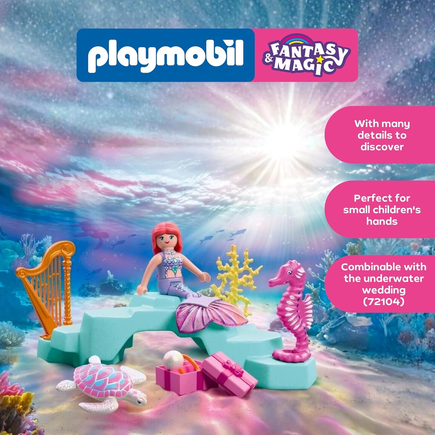 Playmobil | Fantasia e Magia | Sereia com Presente | Conjunto de Casamento Subaquático com Harpa, Anel e Criaturas Marinhas | Para Crianças a partir de 4 Anos | 72107