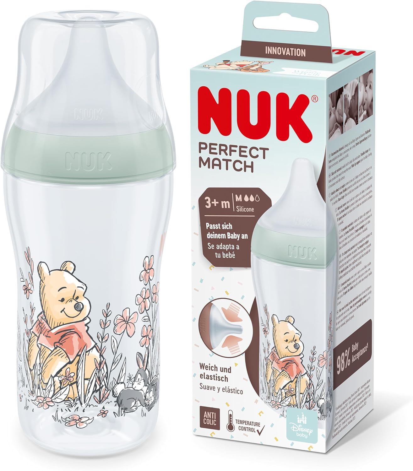 NUK Combinação perfeita mamadeira | Mais de 3 meses | Adapta-se ao Paladar do Bebê | Controle de temperatura | Ventilador anti-cólica | 260ml | Sem BPA | Tetina de silicone média | Disney Ursinho Pooh