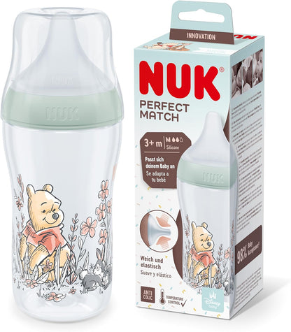 NUK Combinação perfeita mamadeira | Mais de 3 meses | Adapta-se ao Paladar do Bebê | Controle de temperatura | Ventilador anti-cólica | 260ml | Sem BPA | Tetina de silicone média | Disney Ursinho Pooh