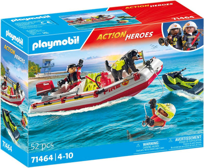 Playmobil 71464 Action Heroes: Fireboat com Aqua Scooter, emocionante resgate na água, incluindo óculos de mergulho e nadadeiras, dramatização divertida e imaginativa, conjuntos de jogos realistas adequados para crianças de 4 anos ou mais