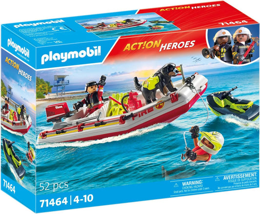 Playmobil 71464 Action Heroes: Fireboat com Aqua Scooter, emocionante resgate na água, incluindo óculos de mergulho e nadadeiras, dramatização divertida e imaginativa, conjuntos de jogos realistas adequados para crianças de 4 anos ou mais