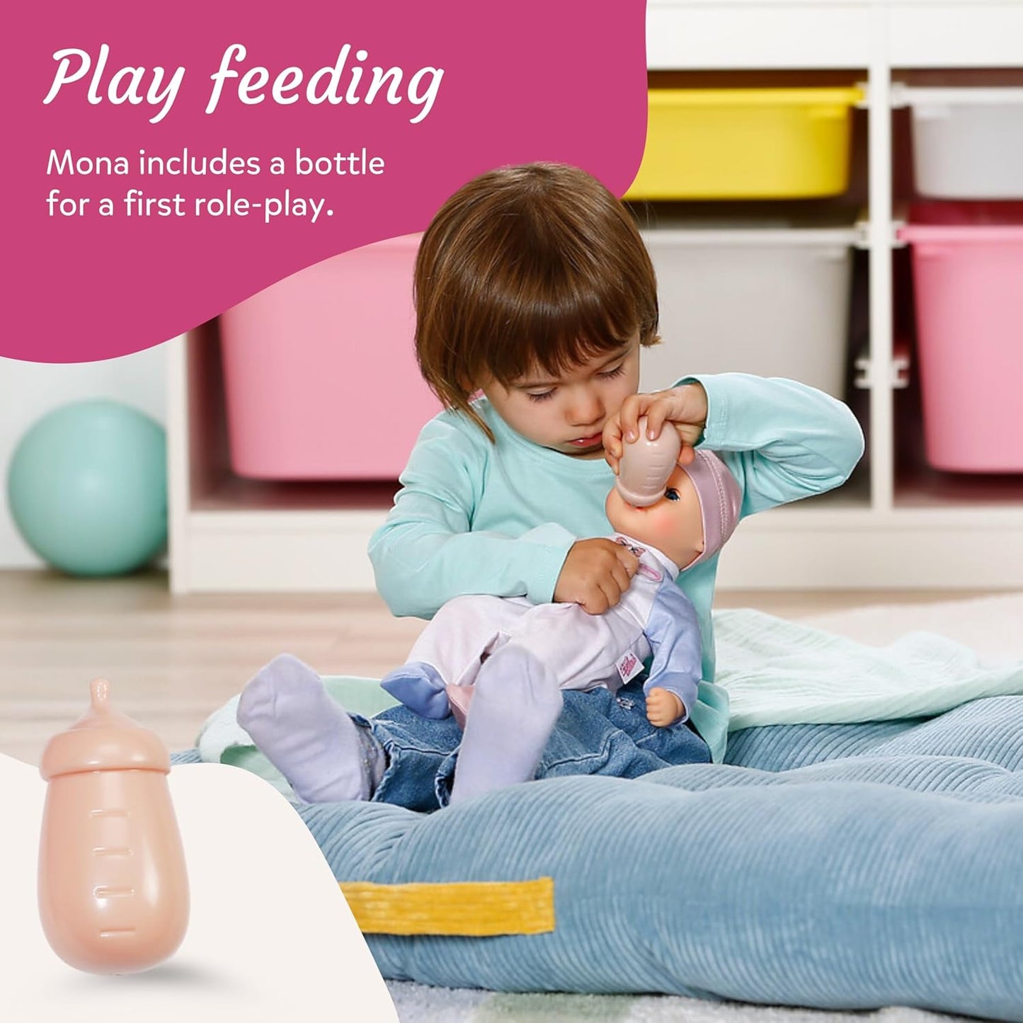 Baby Annabell Boneca Mona de 30 cm, macia e com corpo flexível, que fecha os olhos e acompanha mamadeira, chapéu e macacão. Ideal para crianças a partir de 1 ano de idade.