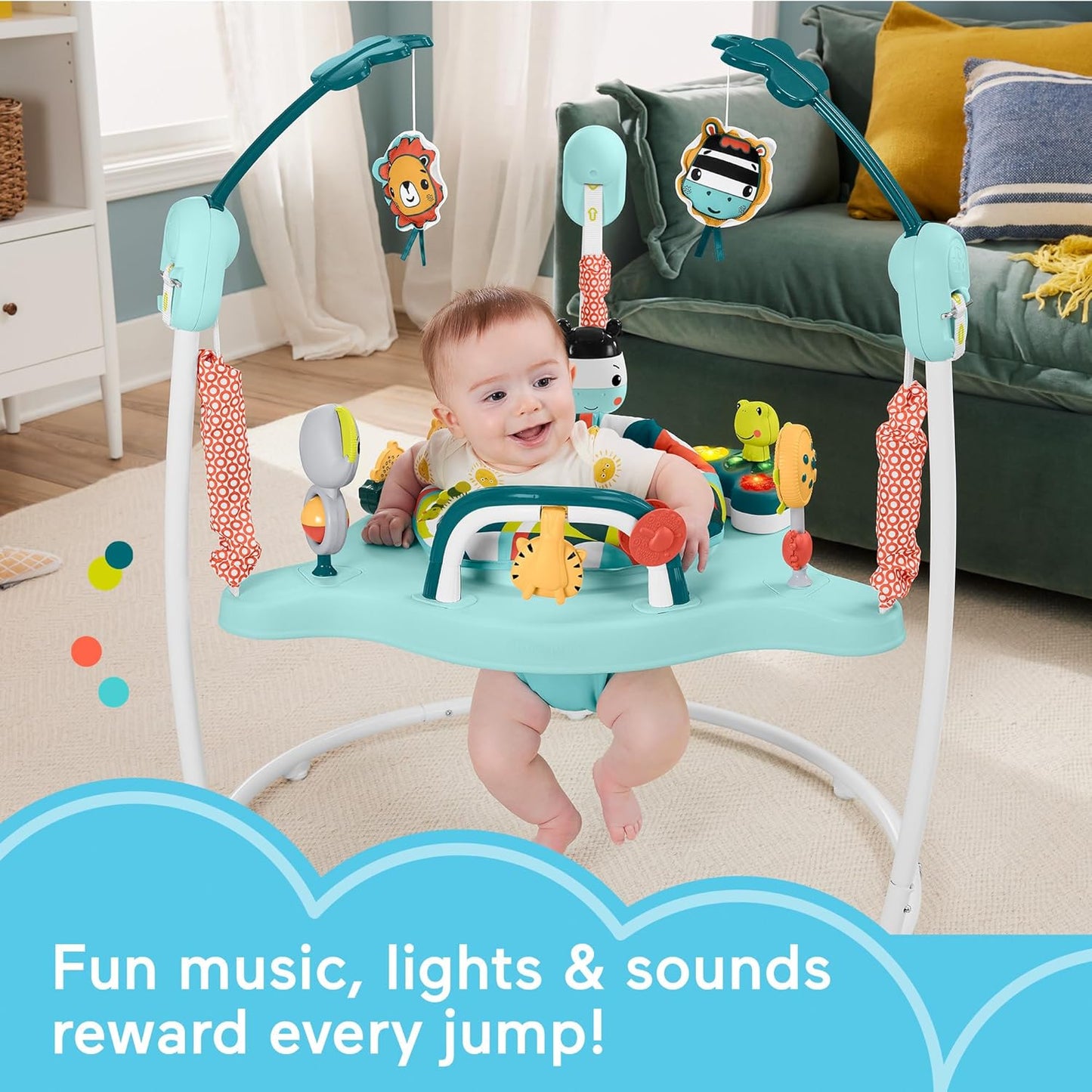 Fisher-Price Centro de atividades Baby Bouncer Colorful Corners Jumperoo com música, luzes, sons e brinquedos educativos, HNX59