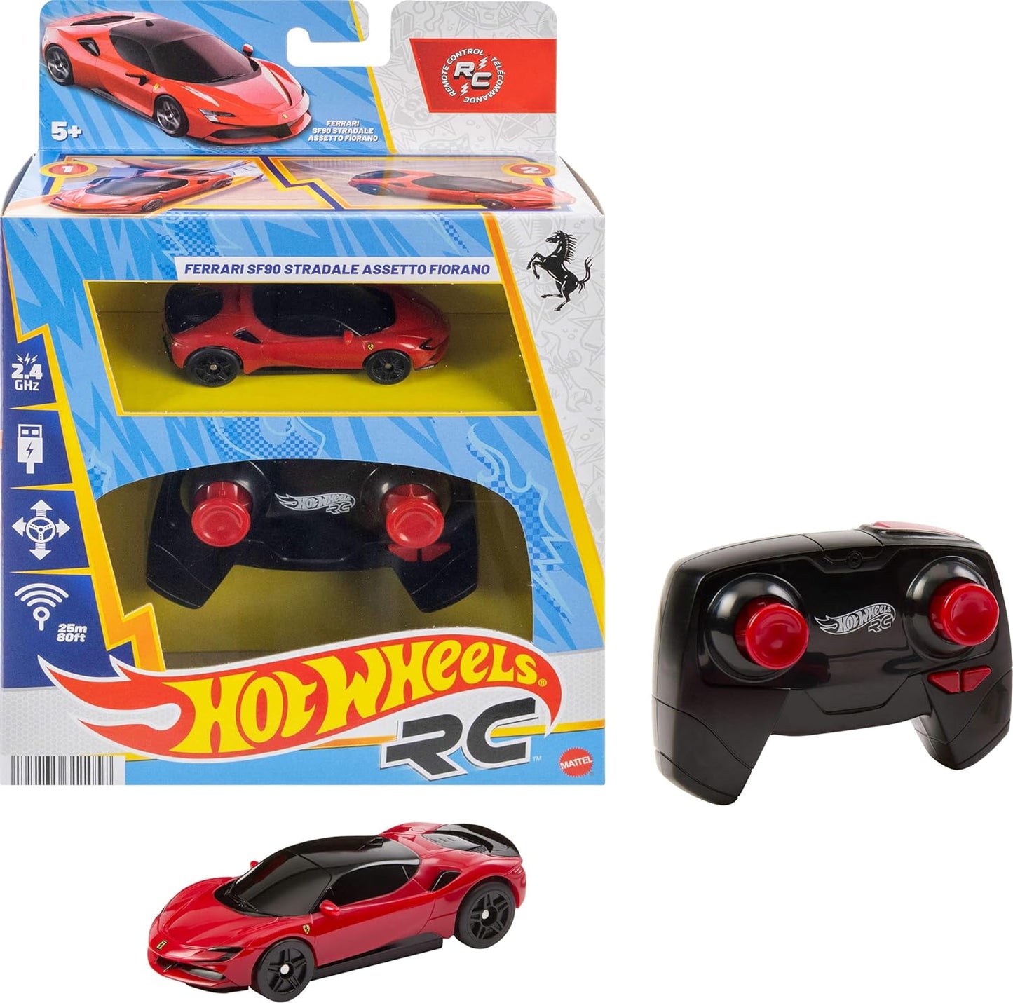 Carrinho de brinquedo Hot Wheels RC, Ferrari SF90 Stradale Assetto Fiorano com controle remoto na escala 1:64, para corridas dentro e fora da pista, com botão de impulso para aumentar a velocidade, JGD09