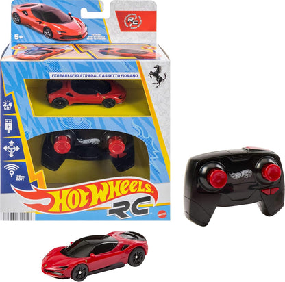 Carrinho de brinquedo Hot Wheels RC, Ferrari SF90 Stradale Assetto Fiorano com controle remoto na escala 1:64, para corridas dentro e fora da pista, com botão de impulso para aumentar a velocidade, JGD09