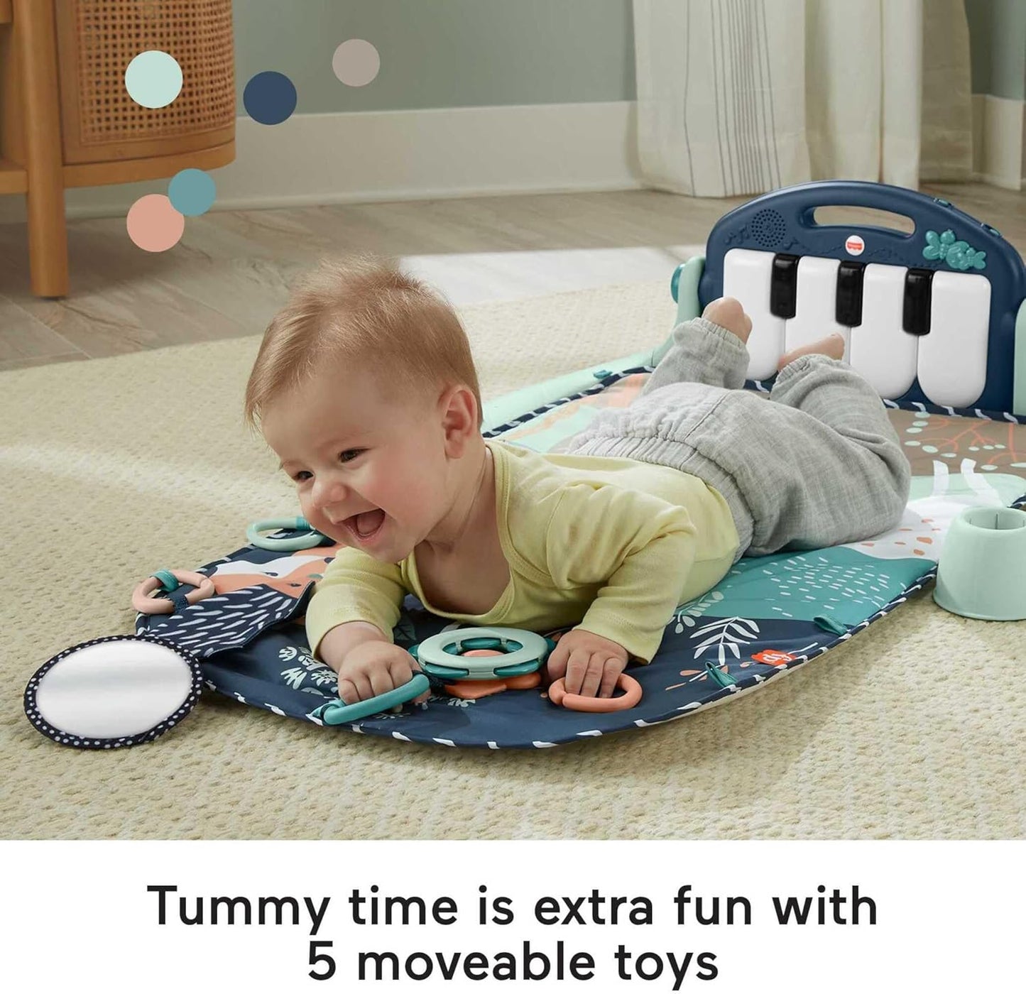 Tapete de atividades Fisher-Price Baby com piano, brinquedos musicais e sensoriais para bebês e crianças pequenas, azul marinho e bege, HKX37
