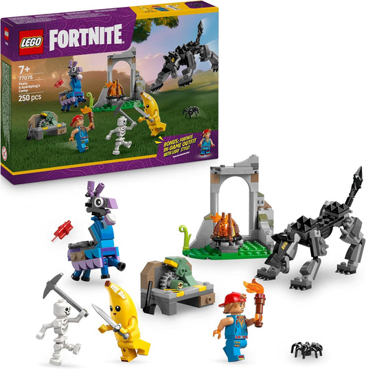 LEGO Brinquedo de Acampamento Fortnite Peely e Sparkplug - inclui bonecos de Lobo e Lhama de Suprimentos, além de uma fogueira e 3 minifiguras - Presente para meninos, meninas e fãs de jogos a partir de 7 anos - 77075