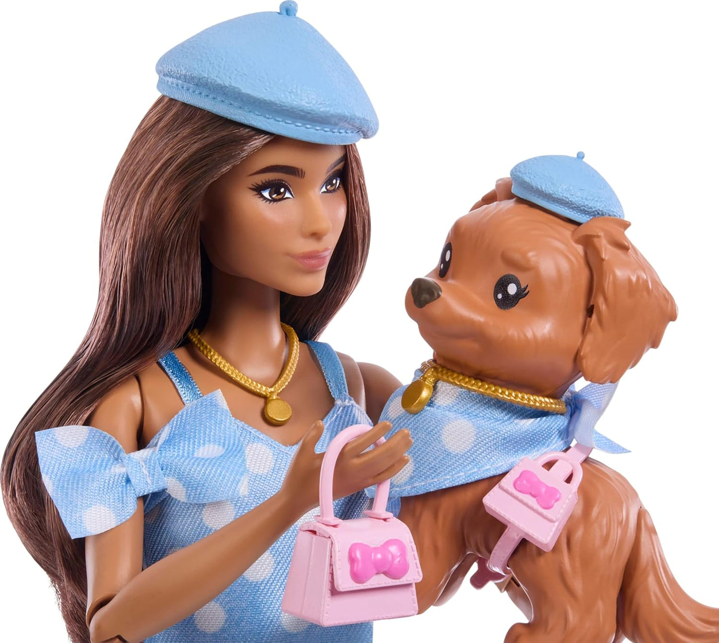 Barbie Looks Combinando com Cachorro de Estimação, Roupas e Acessórios Combinando em Azul com Bolinhas, como Boina e Bolsa, Cabelo Castanho, JFP38