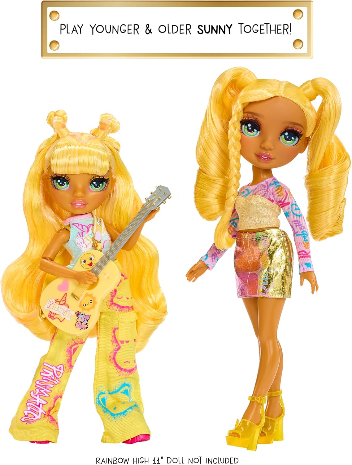 Rainbow High Junior High Rock Band - Sunny, Amarela - Boneca Fashion de 23cm com Guitarra, Personalizável com Adesivos, Articulada, Brinquedo Fofo para Crianças a partir de 4 Anos