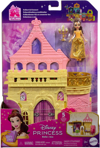 Mattel Conjunto de Brinquedo Casa de Bonecas Disney Princess Belle Storytime Stackers da | Boneca pequena articulada da Bela com saia removível, 4 personagens amigos e 4 acessórios, inspirado no filme da Disney, JDP54