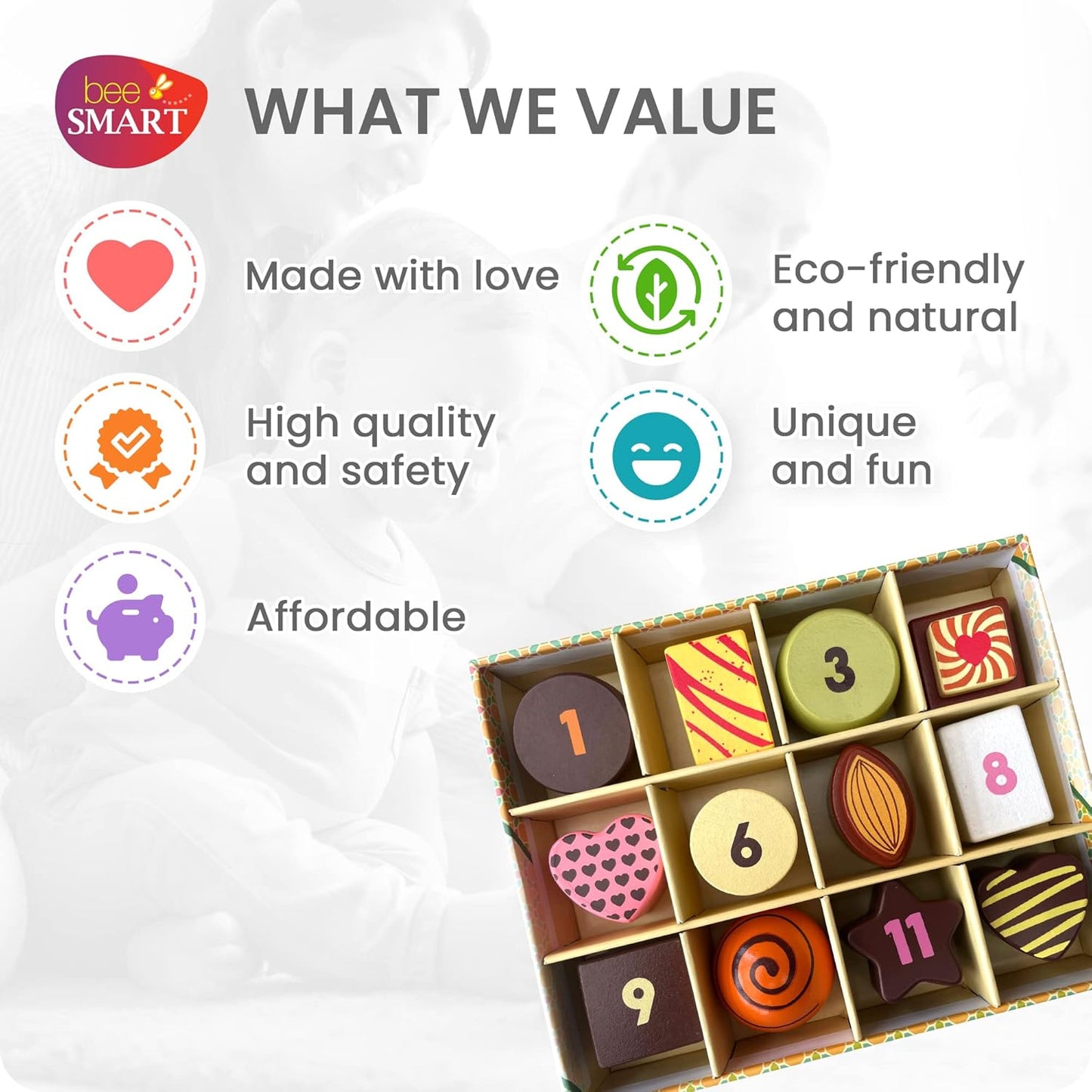 Bee Smart Caixa de madeira para chocolate doce Tea Party | Playset infantil finge brincar de comida com caixa de armazenamento de papelão resistente | Conjunto de cozinha para dramatização infantil e brincadeiras imaginárias