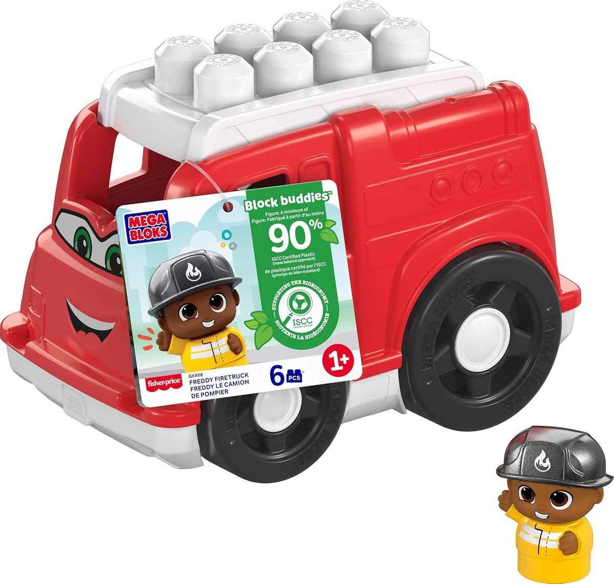 Mega Conjunto de Brinquedo Bloks First Builders com Blocos de Montar para Crianças Pequenas – Caminhão de Bombeiros Freddy com 6 Peças e Compartimento de Armazenamento, 1 Boneco, Vermelho, Para Maiores de 1 Ano, GXX08