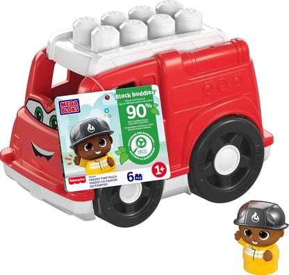 Mega Conjunto de Brinquedo Bloks First Builders com Blocos de Montar para Crianças Pequenas – Caminhão de Bombeiros Freddy com 6 Peças e Compartimento de Armazenamento, 1 Boneco, Vermelho, Para Maiores de 1 Ano, GXX08