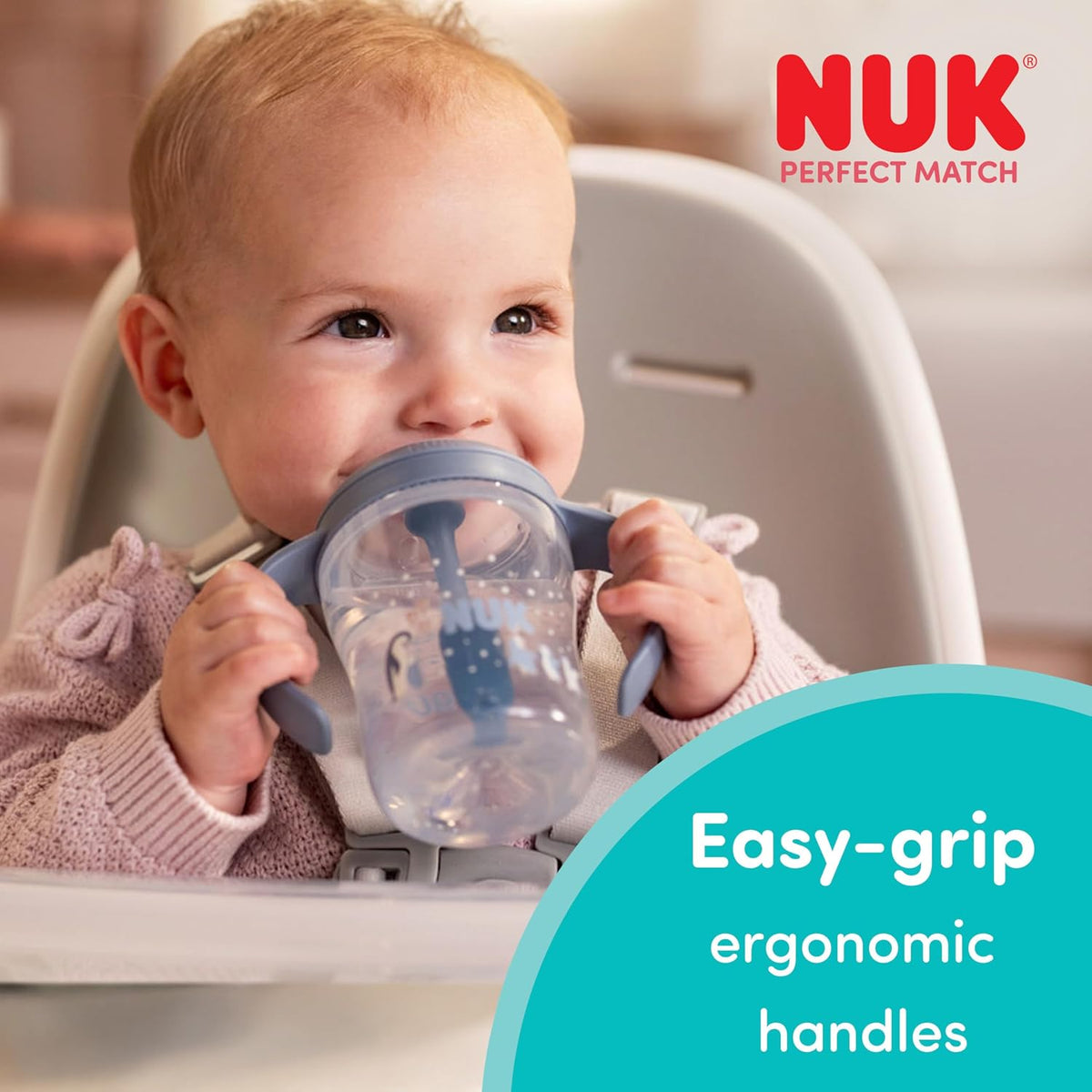 NUK Copo de Treinamento com Canudo Perfect Match | 8+ meses | 150 ml | Copo com canudo antivazamento para bebês | Alças antiderrapantes | Pinguim | 1 unidade