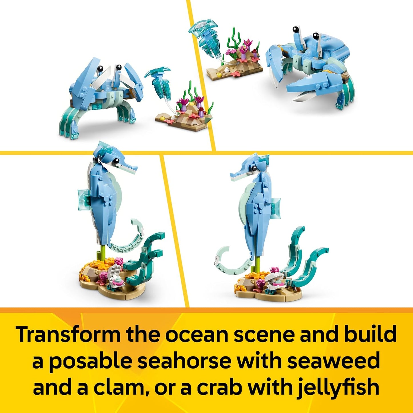 LEGO Creator 3 em 1 Animais Marinhos: Lindos Golfinhos de Brinquedo - Figura de Animal Marinho que se Transforma em Cavalo-Marinho ou Caranguejo - Ideia de Decoração DIY para o Quarto - Presente Criativo para Meninas e Meninos