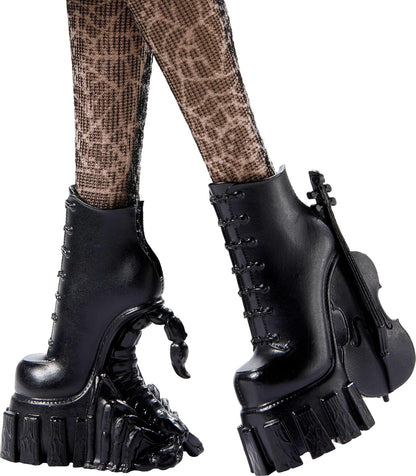 Monster High Boneca e acessórios Wednesday, Wednesday Addams colecionáveis em uniforme da Nevermore Academy com coisa e mochila, carrinho de boneca, HXJ04