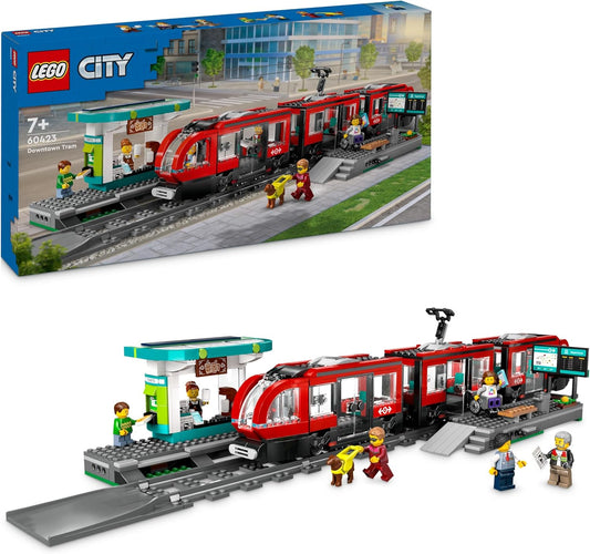 LEGO City Juego de construcción de vehículos de tranvía y estación del centro para niños, niños y niñas a partir de 7 años, con 6 minifiguras y una figura de perro guía para juegos de rol, idea de regalo de cumpleaños,