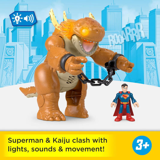 Fisher-Price Brinquedo Imaginext Superman da com luzes, sons, movimento e figura de ação de 7,6 cm, monstro de 25,4 cm com correntes, JDL07