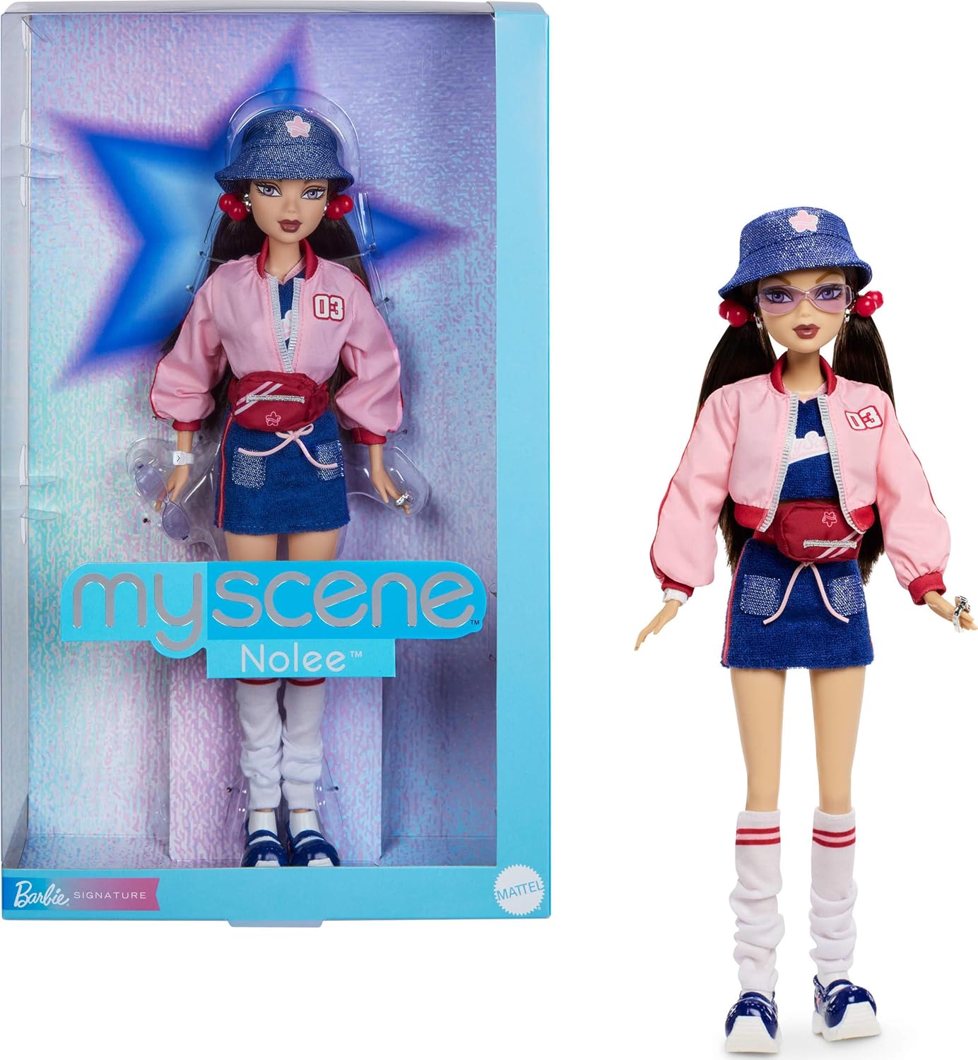 Barbie Boneca Signature My Scene Nolee e acessórios, roupa inspirada nos anos 2000 com conjunto esportivo combinando, jaqueta curta, polainas e suporte para boneca, JBH79
