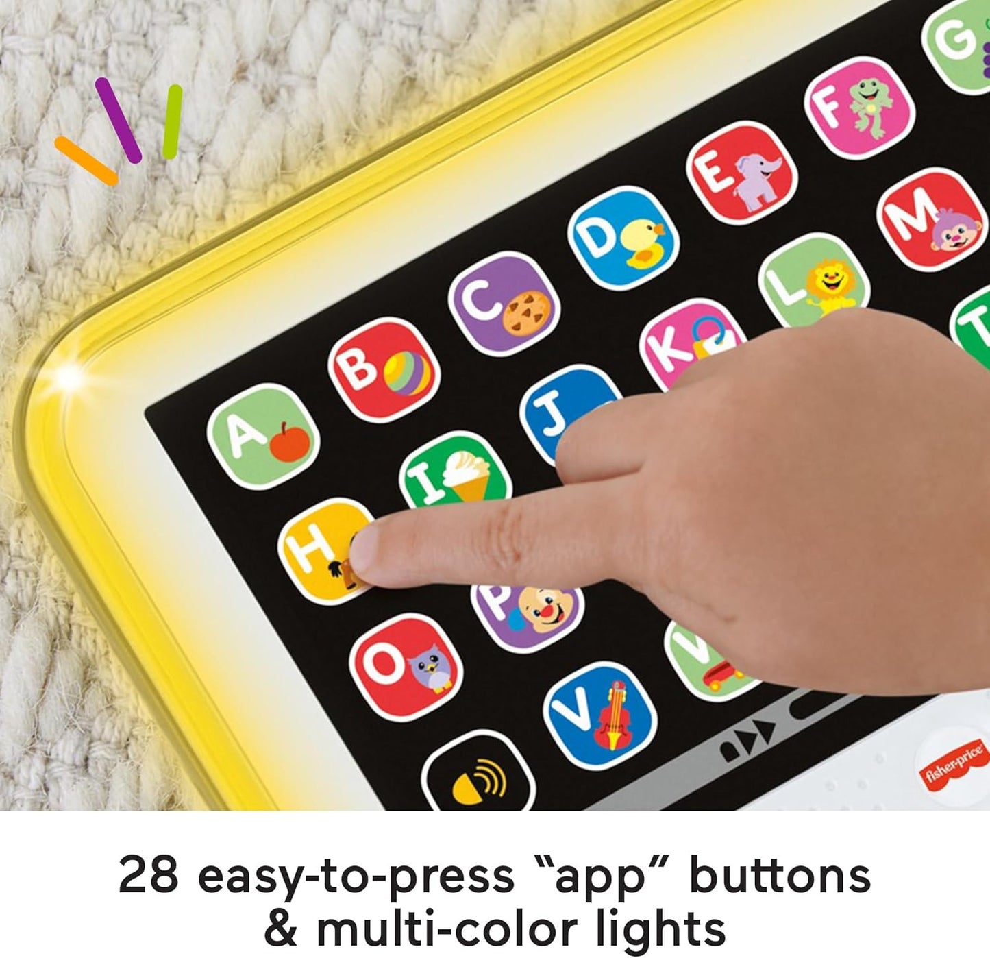 Brinquedo educativo Fisher-Price Tablet de faz de conta para crianças pequenas com luzes, música e conteúdo inteligente, cinza, versão em inglês do Reino Unido (Laugh & Learn), CDG33