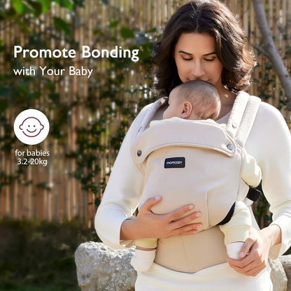 Momcozy Canguru para Bebê PureHug, 100% Algodão, para Bebês de 3 a 24 Meses, Fácil de Vestir, Ideal para Pais com as Mãos Livres, Suporte Lombar Reforçado, Cáqui