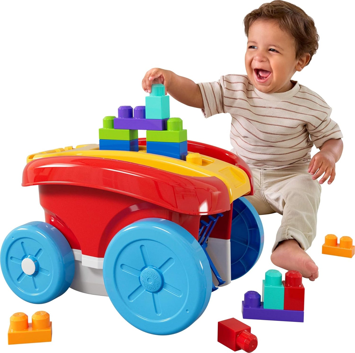 MEGA BLOKS First Builders Brinquedo de Construção para Crianças Pequenas, Carrinho de Reboque com 20 Peças e Compartimento de Armazenamento Integrado, Recolhe Blocos, Vermelho, Crianças a partir de 1 Ano, JFR30