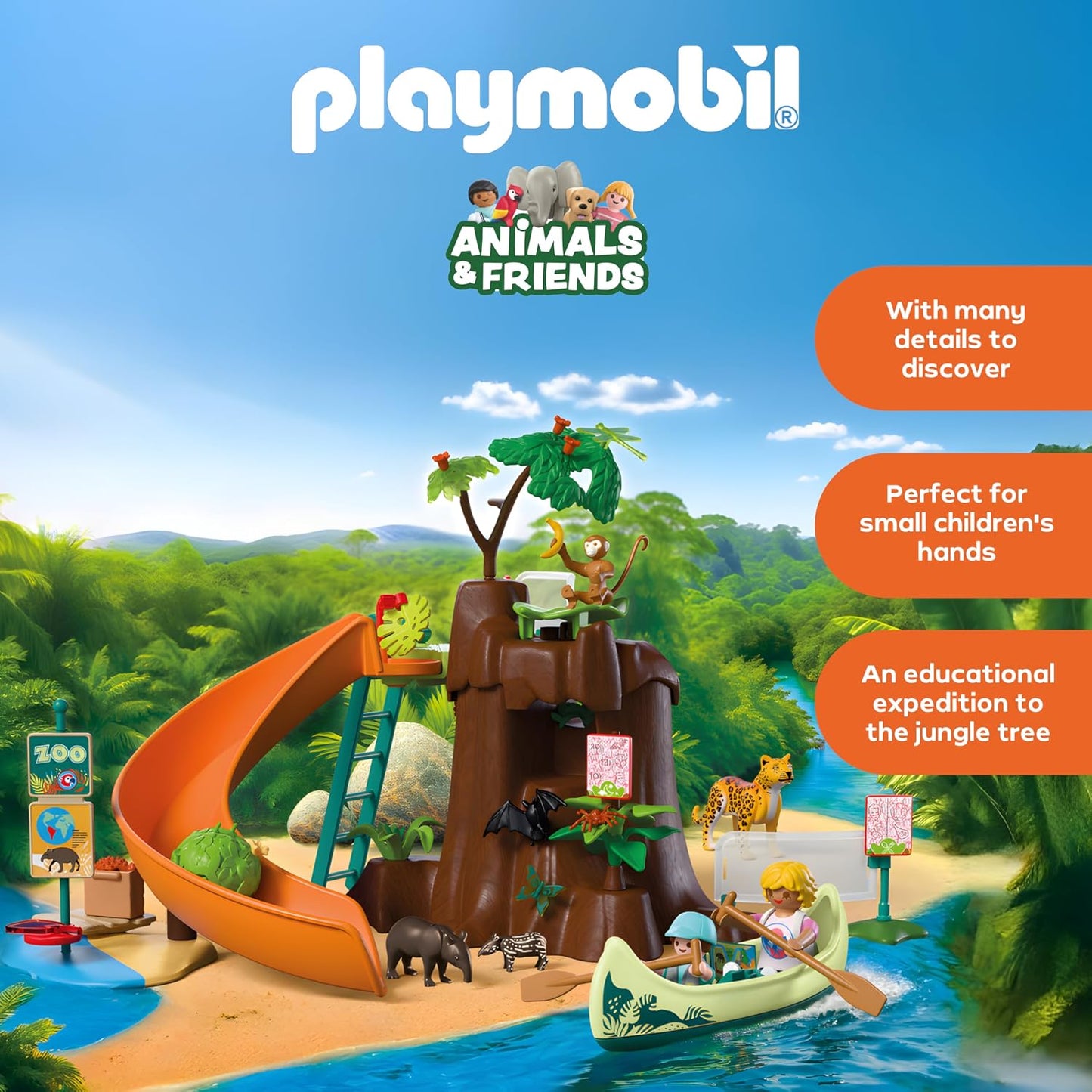 Playmobil | Animais e Amigos | Aventura na Selva do Zoológico | Grande árvore da selva com canoa e catapulta | Brinquedo infantil para crianças a partir de 4 anos | 72071