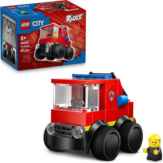 LEGO City Rides – Caminhão de Bombeiros de Brinquedo - Conjunto de Construção de Veículos de Emergência com Minifigura de Bombeiro Júnior - Lembrancinhas de Festa - Pequeno Presente Colecionável para Meninos a partir de 5 Anos - 60482