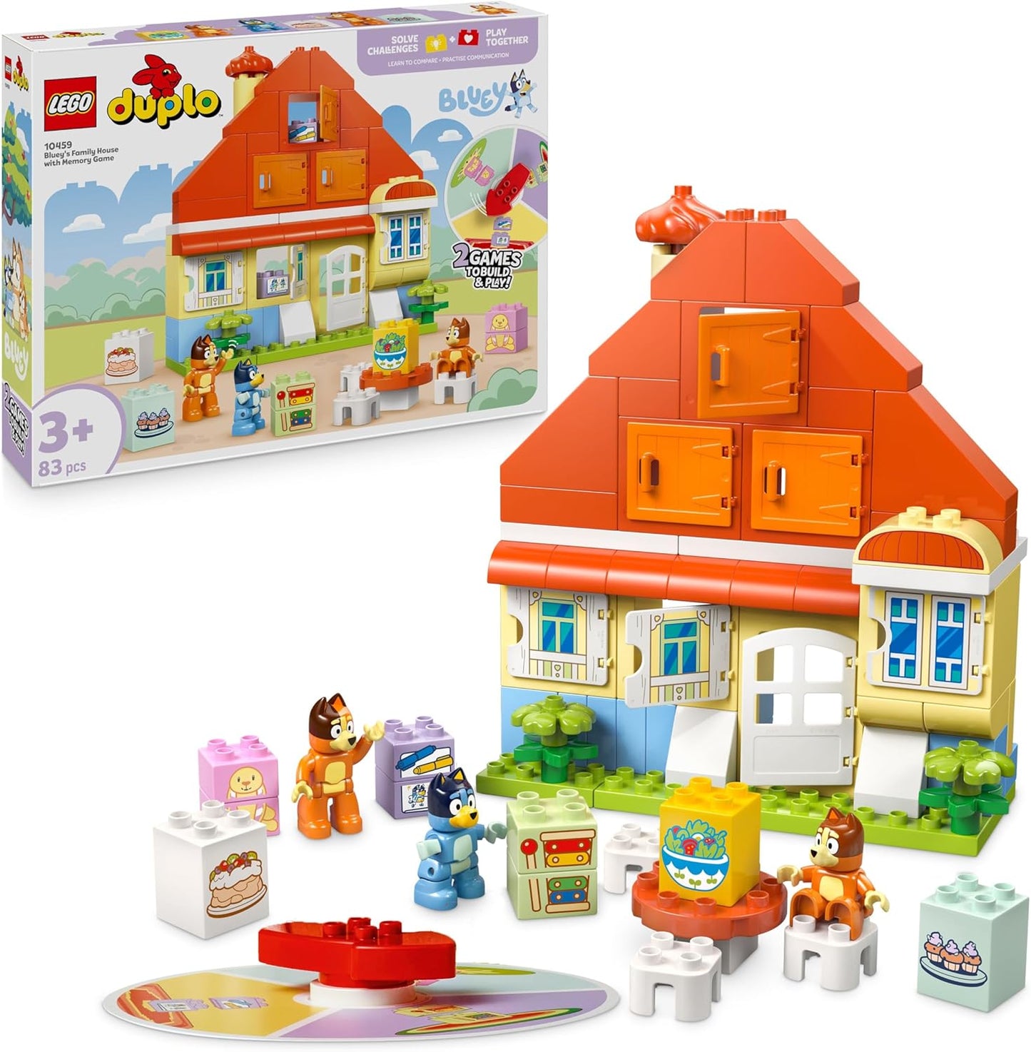 LEGO DUPLO Bluey: Casa da Família Bluey com Jogo da Memória - Brinquedo Educativo para Crianças - Inclui 3 Bonecos, Janelas que Abrem e um Jogo de Tabuleiro - Presente para Meninas e Meninos a partir de 3 Anos - 10459