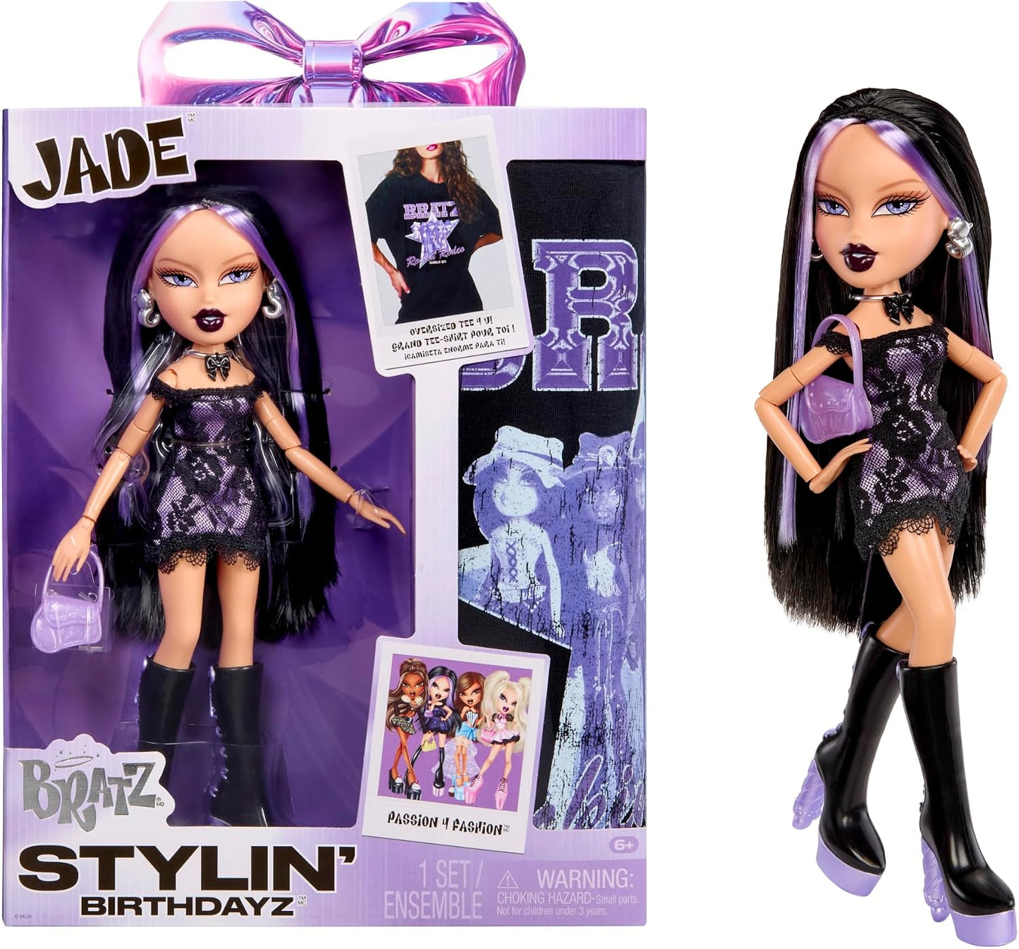 Bratz Boneca Stylin’ Birthdayz – Jade com roupa de festa (camiseta roxa de cetim e botas pretas), camiseta com estampa, embalagem temática de aniversário – Coleção Stylin’ Birthdayz