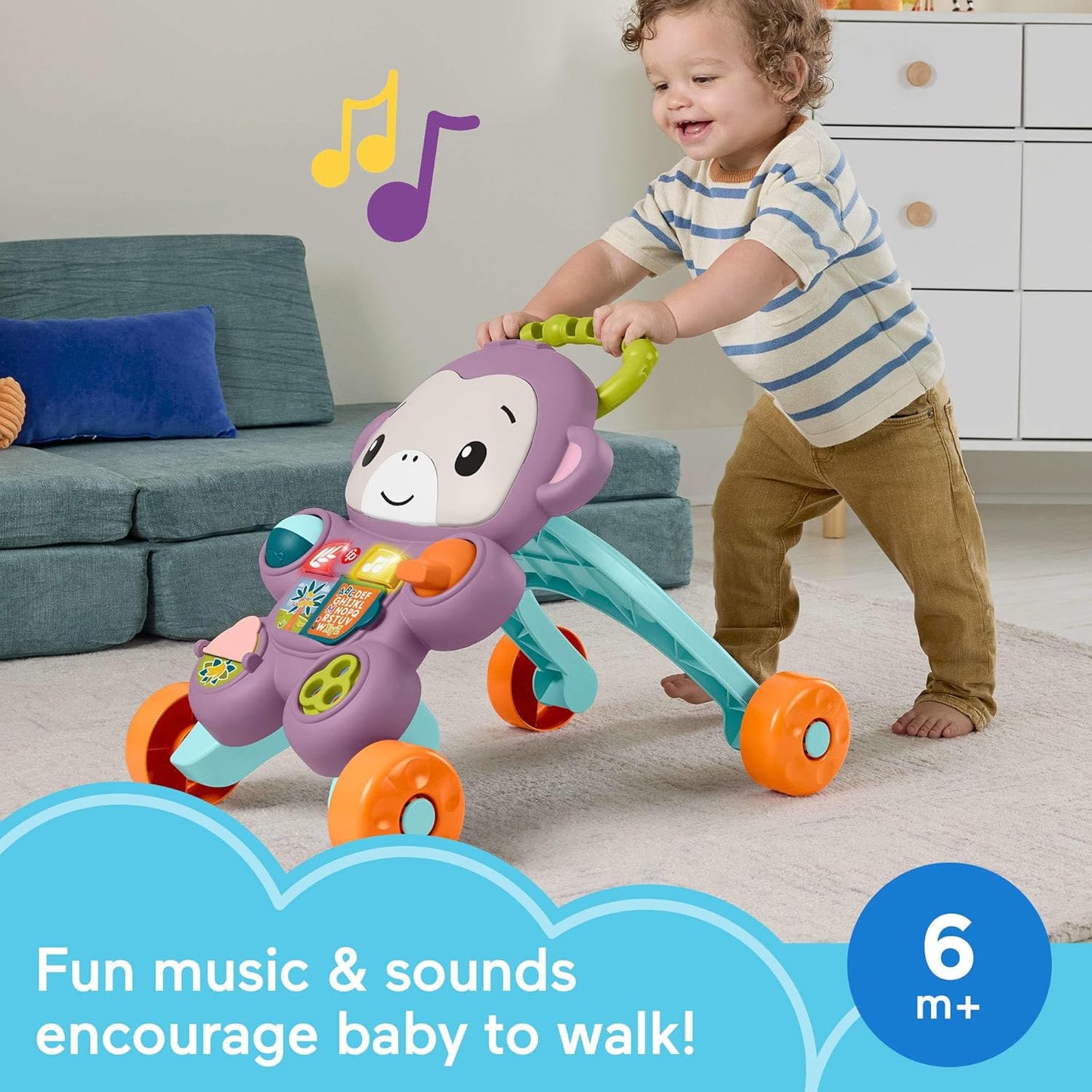 Fisher-Price Brinquedo de empurrar Baby Learn With Me, Macaco Roxo, Atividade Musical Educativa com Luzes para Bebês a partir de 6 Meses, JLD58