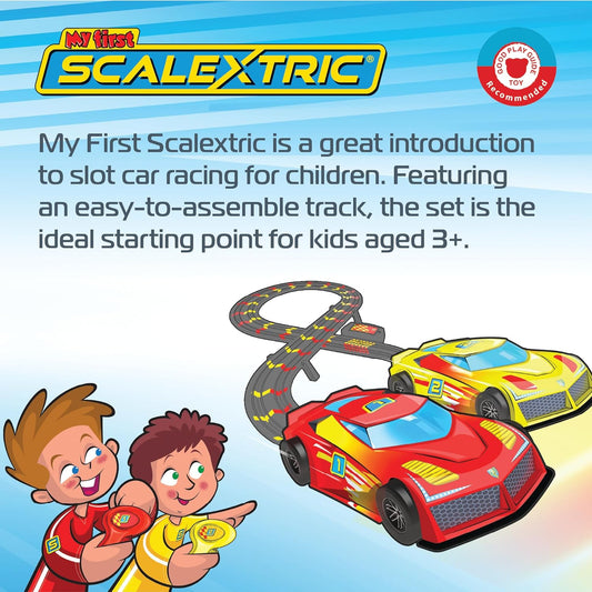 Scalextric My First - Juegos de carreras a batería - Pistas de carreras de autos tragamonedas para niños de 3 años en adelante, incluye 1 juego de pistas, 1 auto rojo, 1 auto amarillo, 1 base de batería, 2 controladores de límite de velocidad