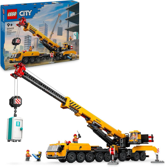 LEGO Brinquedo de guindaste de construção móvel City Yellow, conjunto de construção de veículos para meninos e meninas de 9 anos ou mais, lança longa extensível e 4 minifiguras de trabalhador para dramatização, presente criativo para crianças 60409