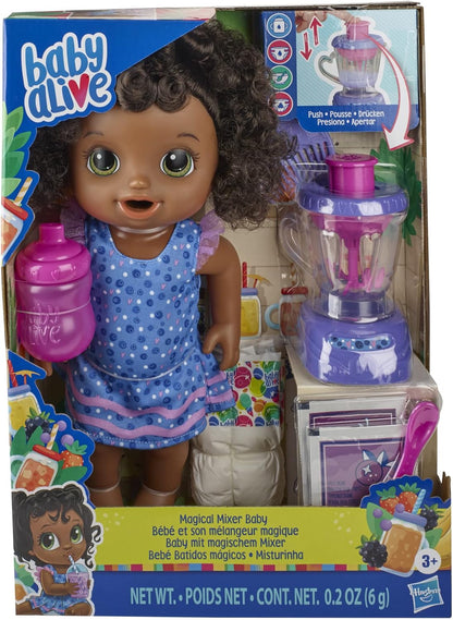 Baby Alive Magic Mixer Baby Doll Blueberry Blast com acessórios de liquidificador, bebidas, molha, come, brinquedo de cabelo preto para crianças a partir de 3 anos